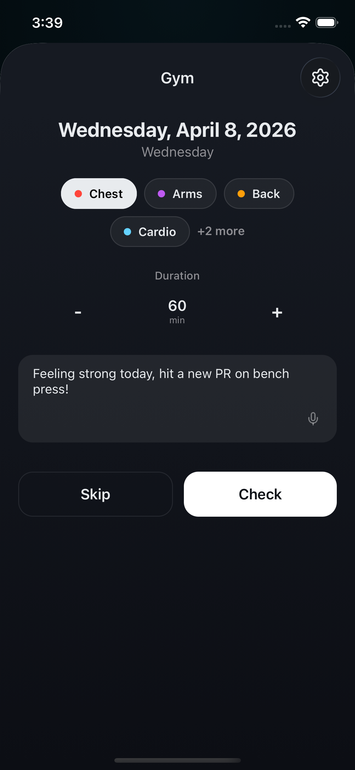 Daily check-in with tags and notes